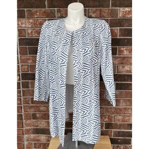 3 Sisters Jacket LARGE Long Tunic Coat Blazer Pale Blue Geometric Print